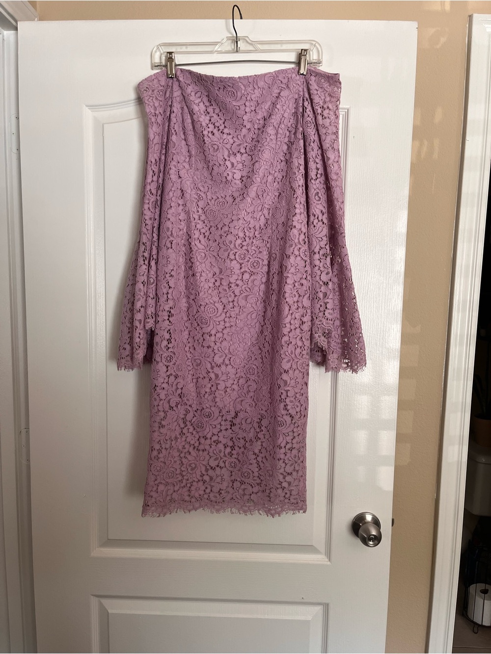 Bardot Lilac Off-Shoulder Lace Midi Dress